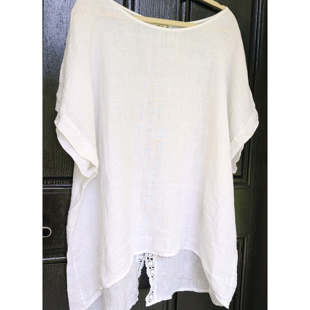 Terzo Millennio White Linen Top Sz 2X Blouse Tunic Lace Detail Back Italy Made
